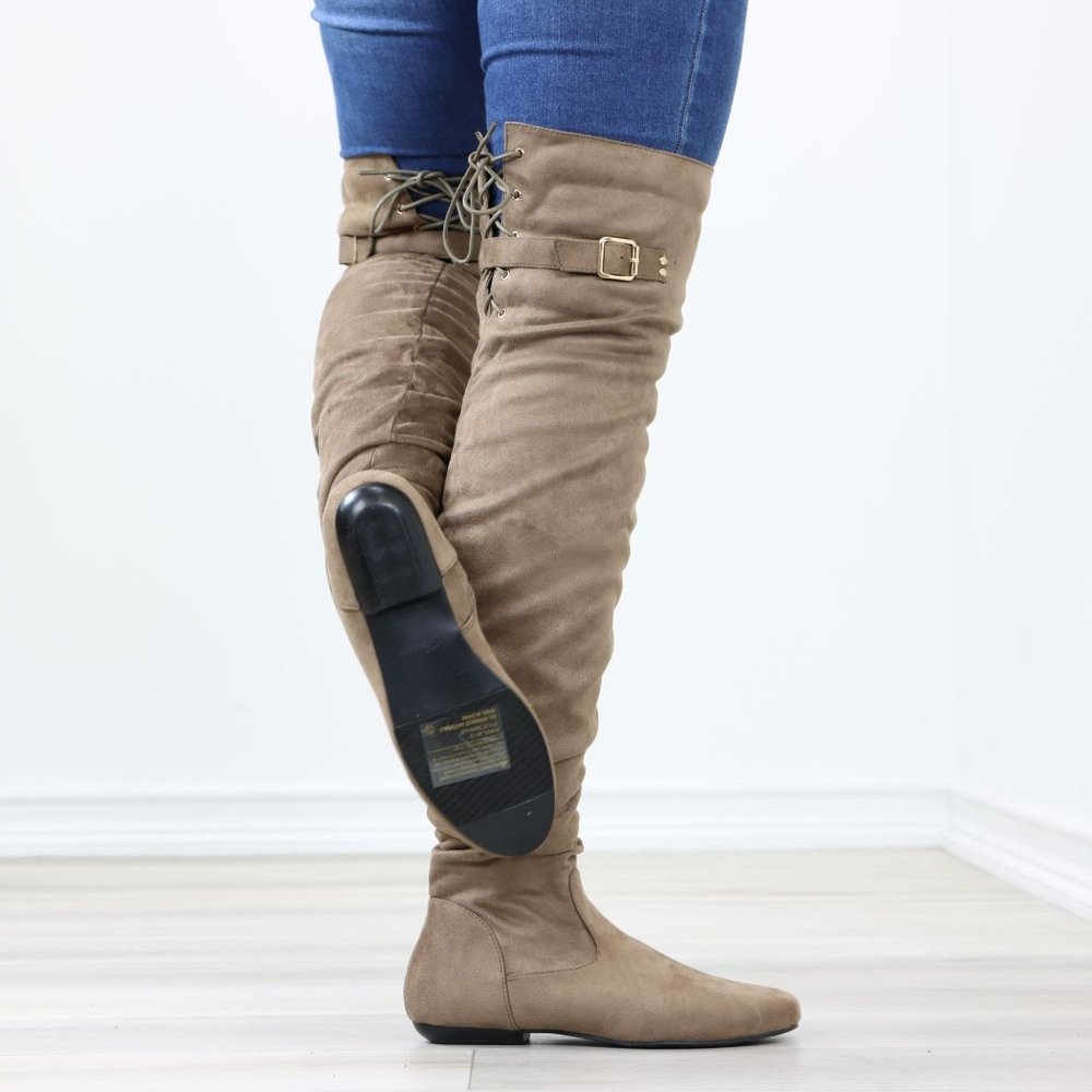 Taupe Thigh High Over The Knee Flat Boots Faux Suede Laced Back - Picture 8 of 15